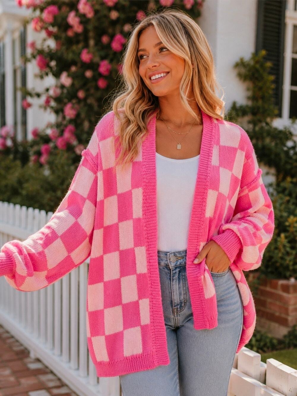 Pink Checkerboard Chunky Knit Cardigan Oversized Barbiecore Coquette Medium